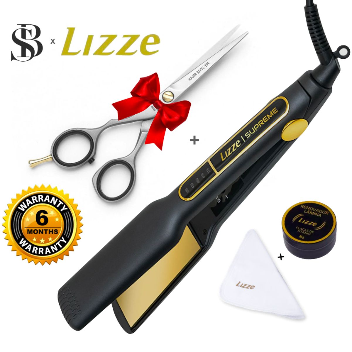 LIZZE - PLANCHA DE CABELLO LIZZE SUPREME 485F + TIJERA DE CORTE MICRODENTADA