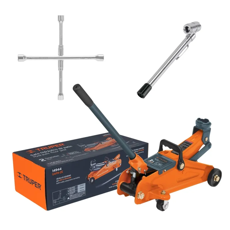 TRUPER - Combo Gata tipo lagarto 2 t + Llave de cruz 14" + Medidor de presion Truper