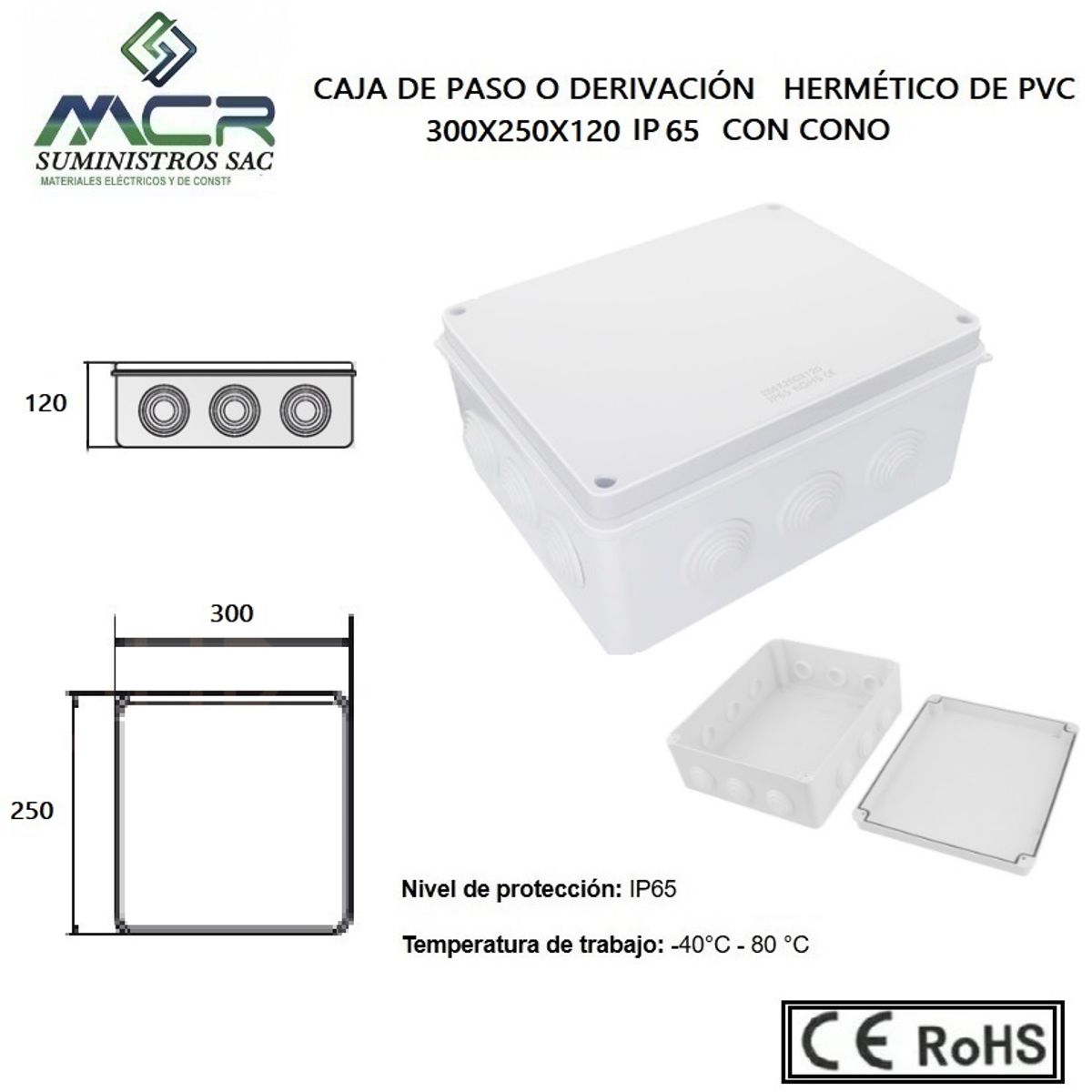 GENERICO - CAJA DE PASO O DERIVACION HERMETICO DE PVC 300X250X120 CON CONO