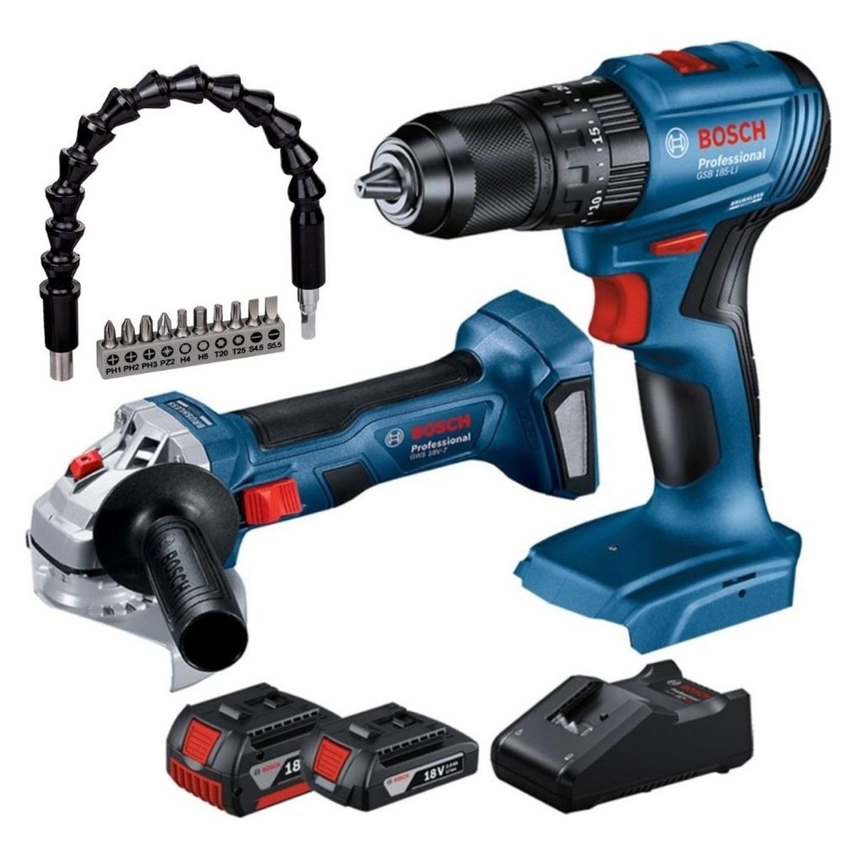 BOSCH - Taladro Percutor GSB 185 + Amoladora GWS 180 + Set 11pz Bosch