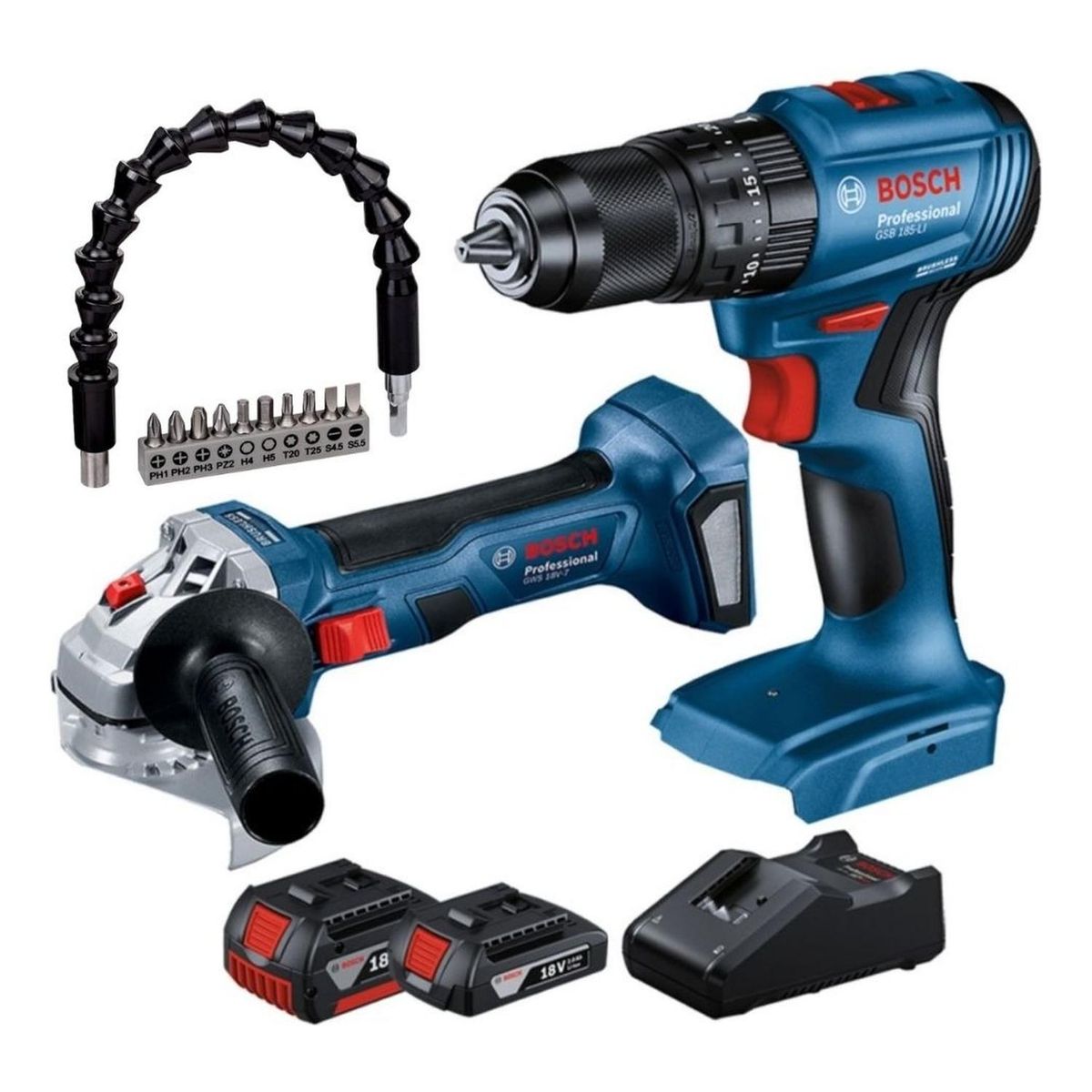 BOSCH - Taladro Percutor GSB 185 + Amoladora GWS 180 + Set 11pz Bosch