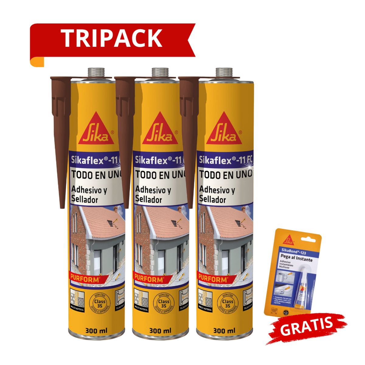 SIKA - Tripack Sikaflex-11 FC Purform Marrón x300 ml Gratis Sikabond 123