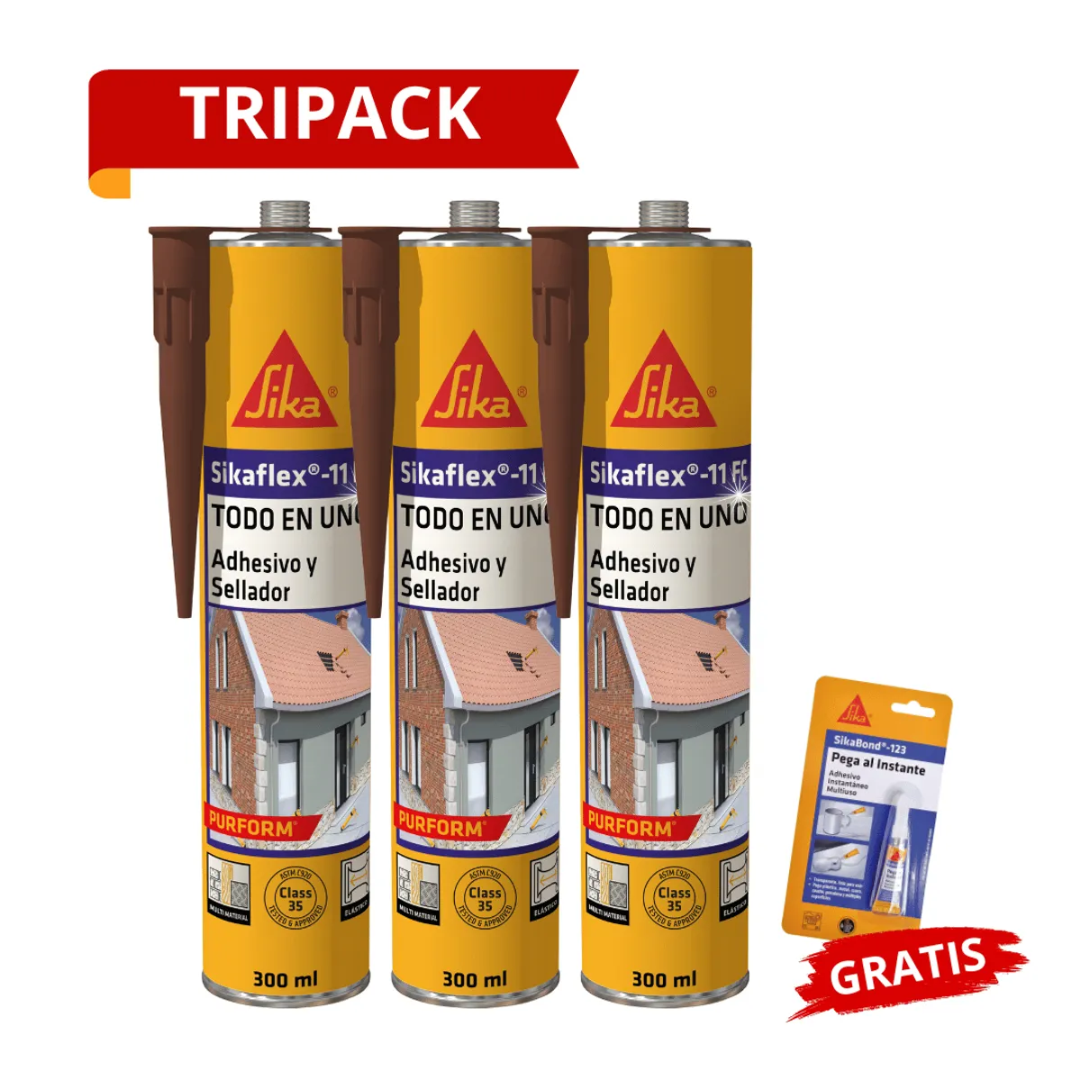 SIKA - Tripack Sikaflex-11 FC Purform Marrón x300 ml Gratis Sikabond 123