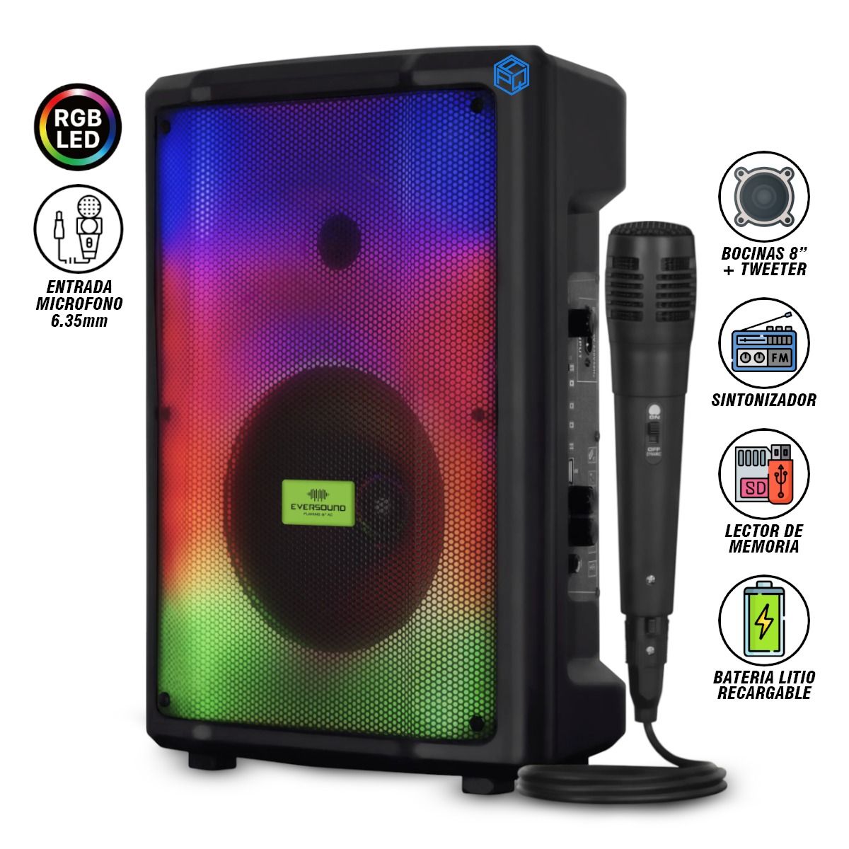 EVERSOUND - Parlante Torre Bluetooth FLAMING 8 EV3000AC EVERSOUND