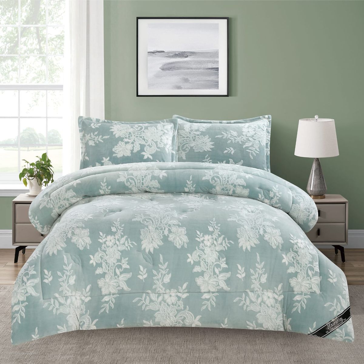 GENERICO - EDREDON INVIERNO HAIRIFON 2 PLAZAS - LABRADO DE FLORES 3D TURQUESA