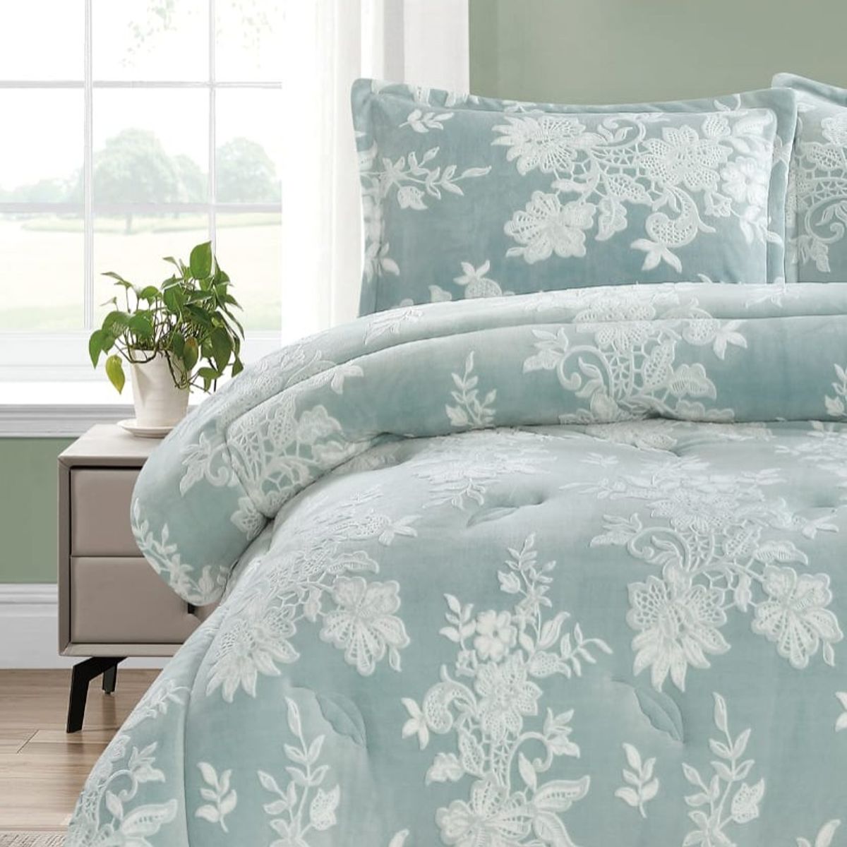 GENERICO - EDREDON INVIERNO HAIRIFON 2 PLAZAS - LABRADO DE FLORES 3D TURQUESA