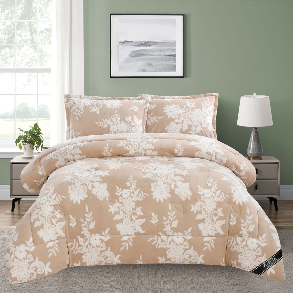 GENERICO - EDREDON INVIERNO HAIRIFON 2 PLAZAS - LABRADO DE FLORES 3D BEIGE