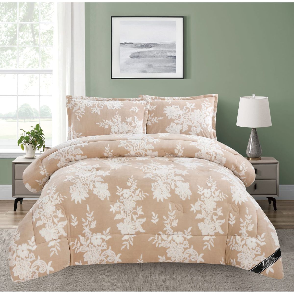 GENERICO - EDREDON INVIERNO HAIRIFON 2 PLAZAS - LABRADO DE FLORES 3D BEIGE