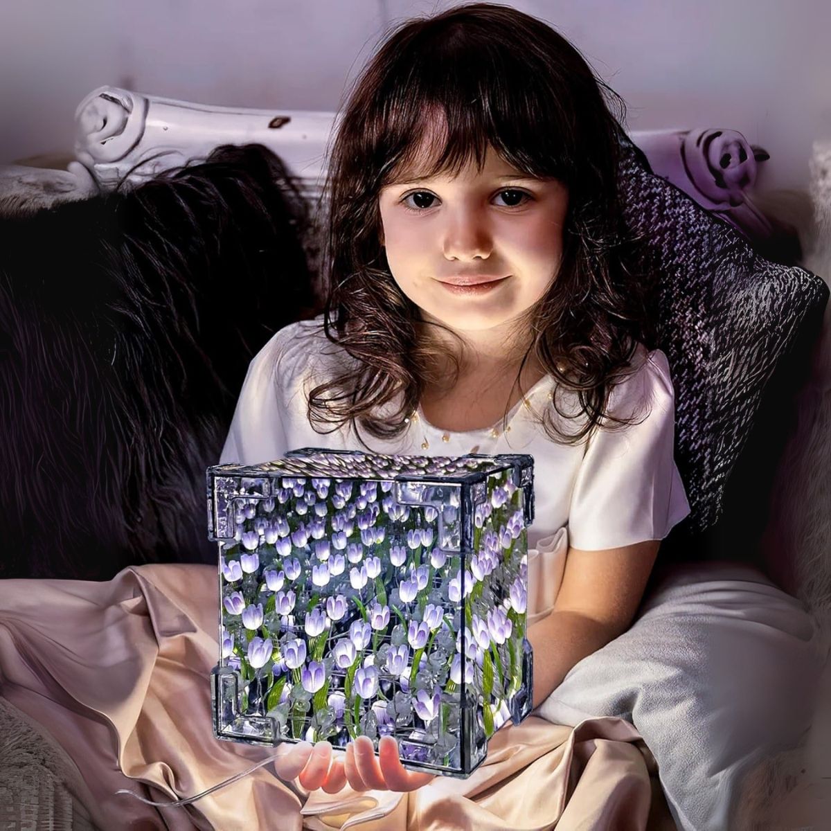 ELMEJORPRECIO - Lámpara Led Cubo De Tulipanes Decorativa De Fondo Infinito Lila