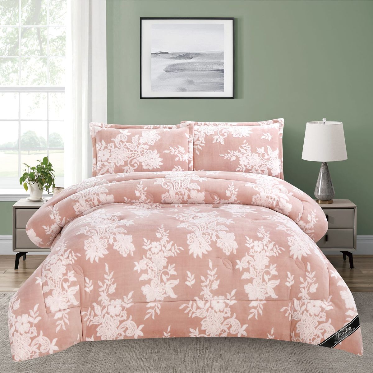 GENERICO - EDREDON INVIERNO HAIRIFON 2 PLAZAS - LABRADO DE FLORES 3D ROSADO