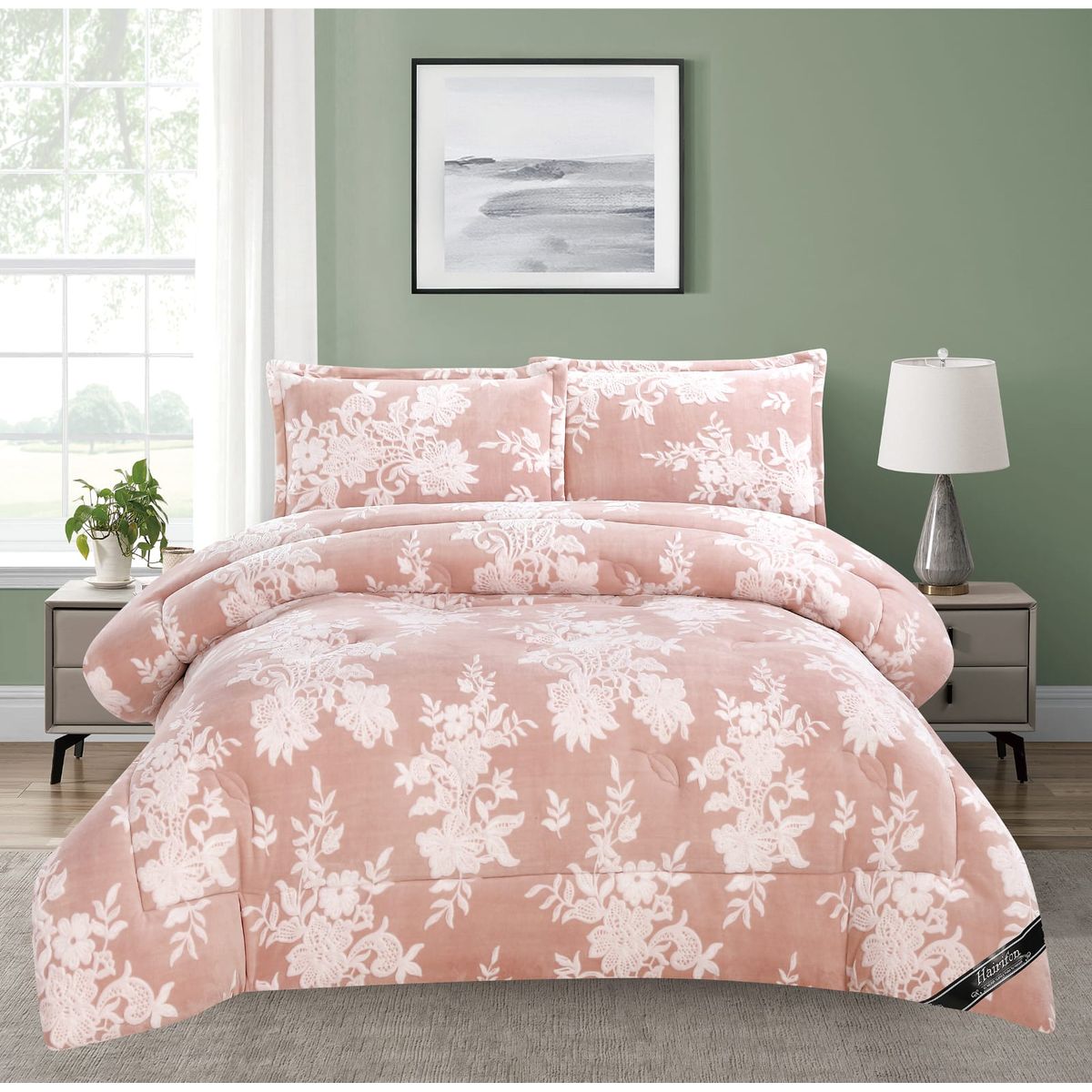 GENERICO - EDREDON INVIERNO HAIRIFON 2 PLAZAS - LABRADO DE FLORES 3D ROSADO