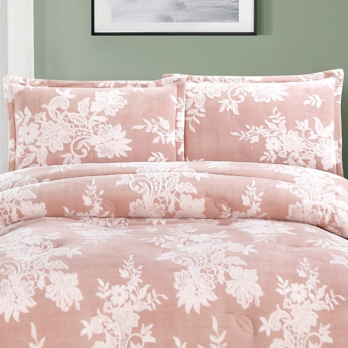 GENERICO - EDREDON INVIERNO HAIRIFON 2 PLAZAS - LABRADO DE FLORES 3D ROSADO