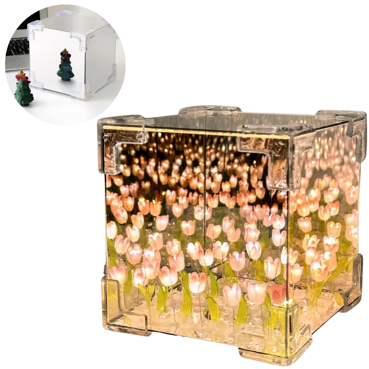 ELMEJORPRECIO - Lámpara Led Cubo De Tulipanes Decorativa De Fondo Infinito Rosado