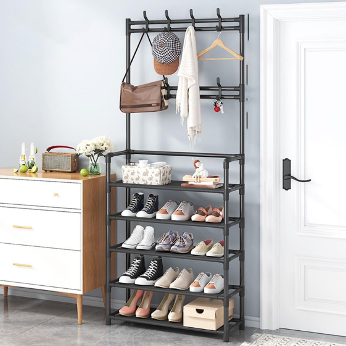 GENERICO - Estante de Zapatos 5 Niveles Zapatera de Metal + Perchero Organizador