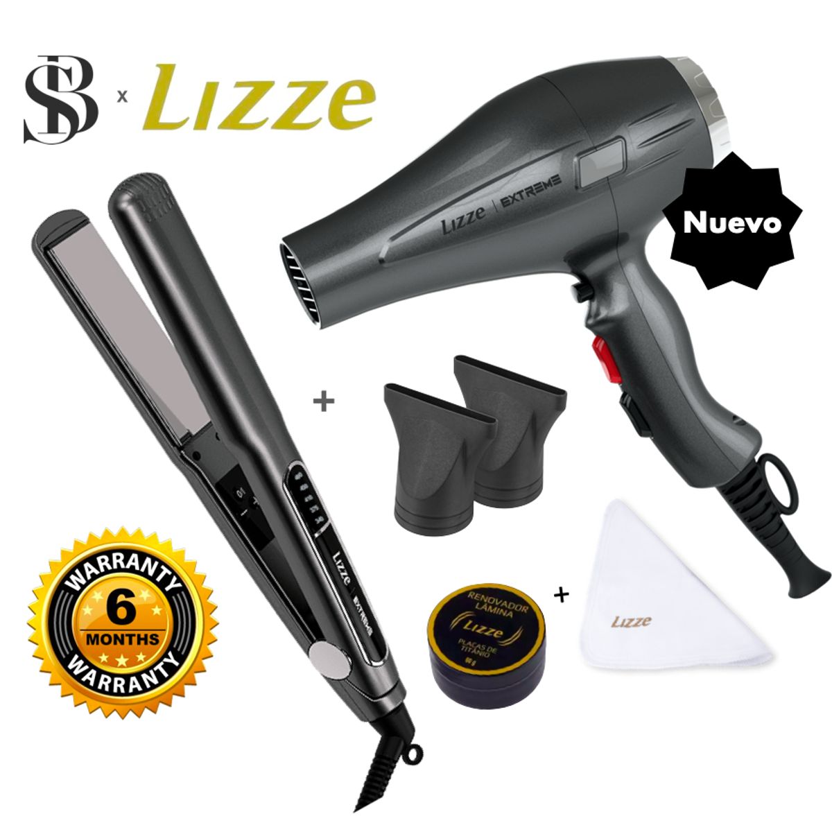 LIZZE - PLANCHA 480F Y SECADORA 2400W DE CABELLO LIZZE EXTREME + KIT PULIDOR