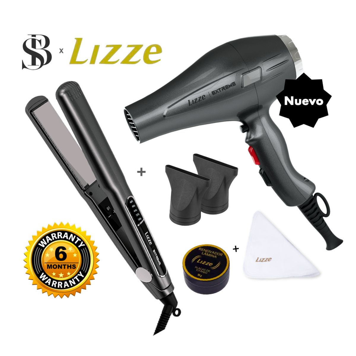 LIZZE - PLANCHA 480F Y SECADORA 2400W DE CABELLO LIZZE EXTREME + KIT PULIDOR