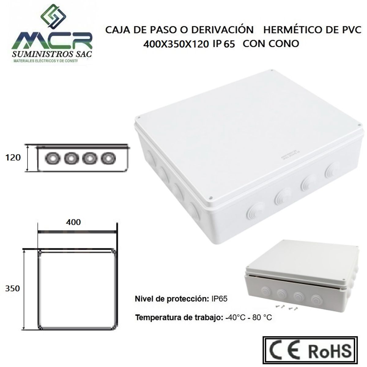 GENERICO - CAJA DE PASO O DERIVACION HERMETICO DE PVC 400X350X120 CON CONO