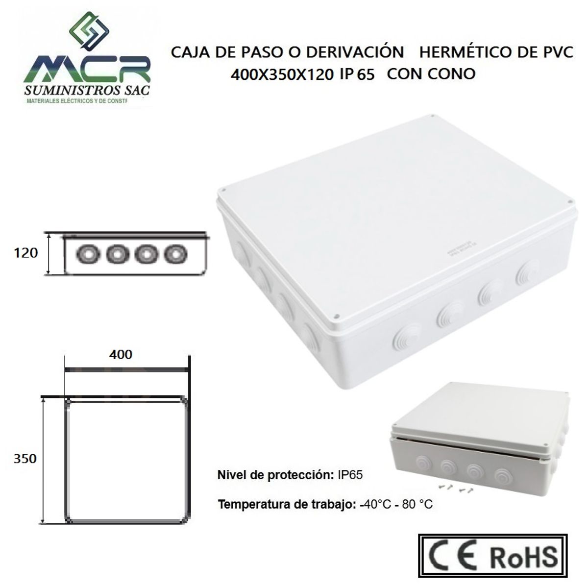 GENERICO - CAJA DE PASO O DERIVACION HERMETICO DE PVC 400X350X120 CON CONO