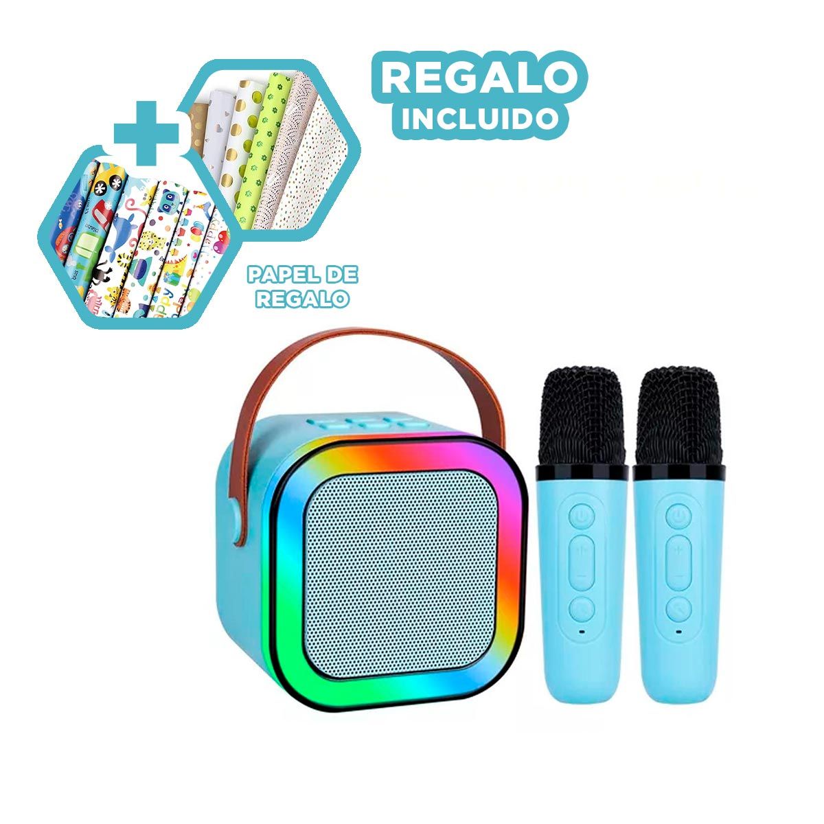 GENERICO - Parlante con Bluetooth y Luces en Celeste Y+Papel de Regalo