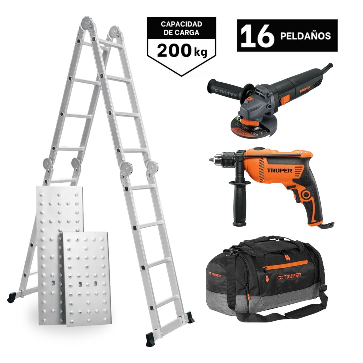 TRUPER - Combo Escalera Multiposición + Taladro 600w + Amoladora 850 Truper