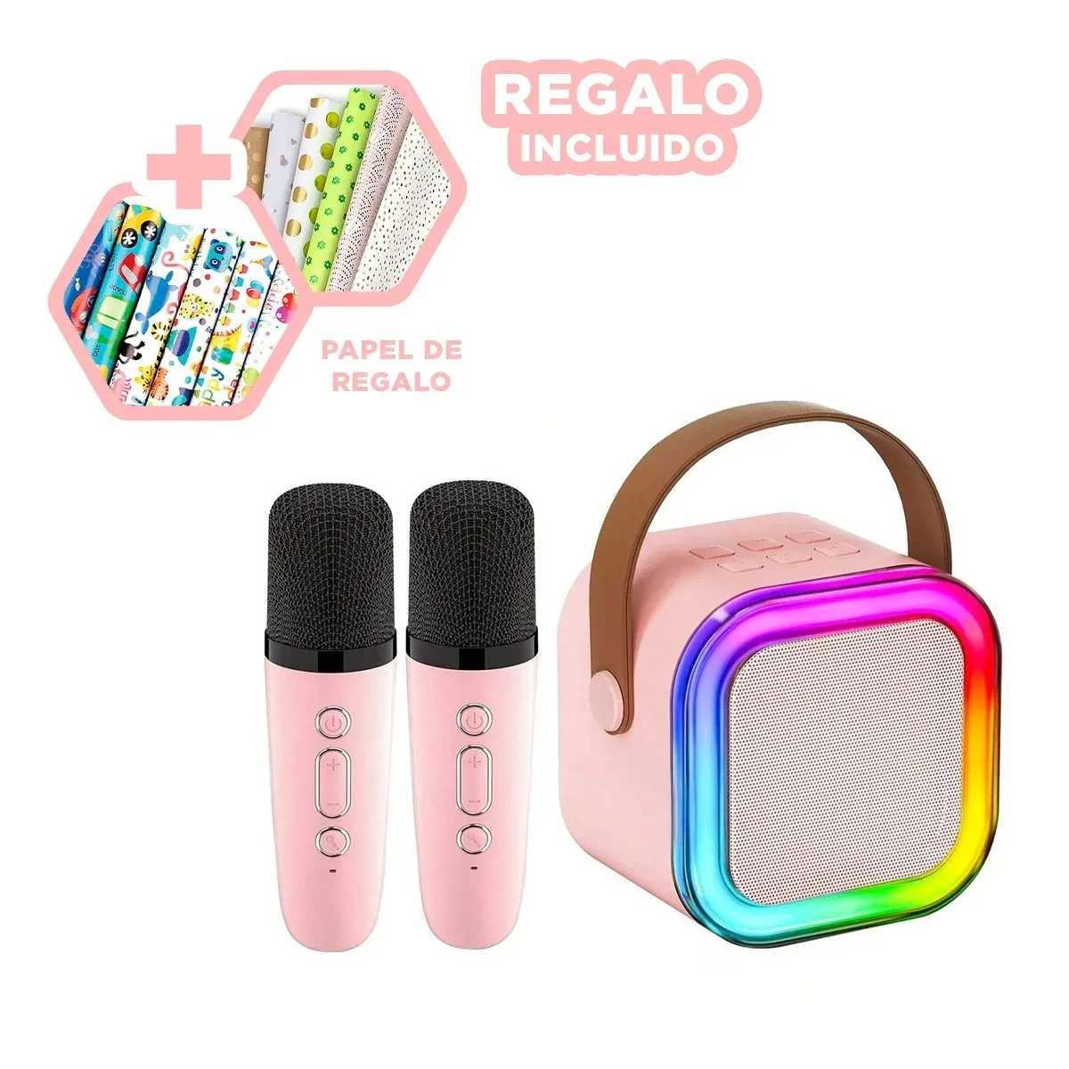 GENERICO - Parlante con Bluetooth y Luces en Rosado Y+Papel de Regalo