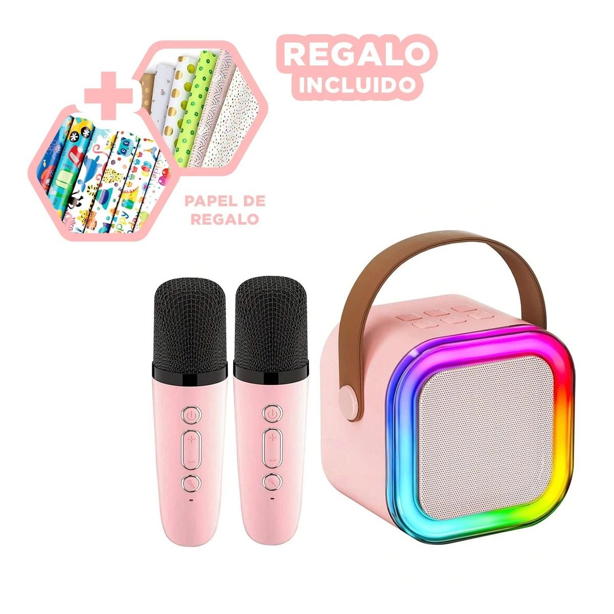 GENERICO - Parlante con Bluetooth y Luces en Rosado Y+Papel de Regalo