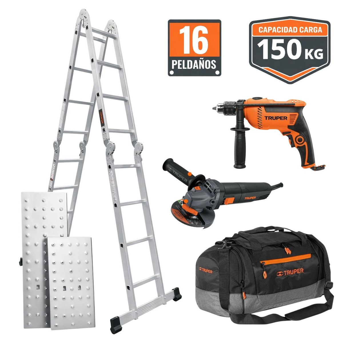 Truper - Combo Escalera Multiposición + Taladro 600w + Amoladora 850 Truper