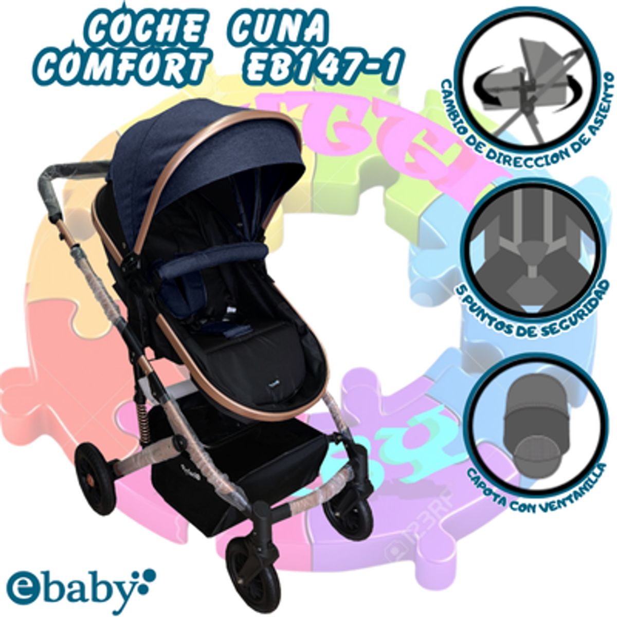 EBABY - COCHE CUNA MOISES DE LUJO COMFORT-AZUL-NEW DESIGN