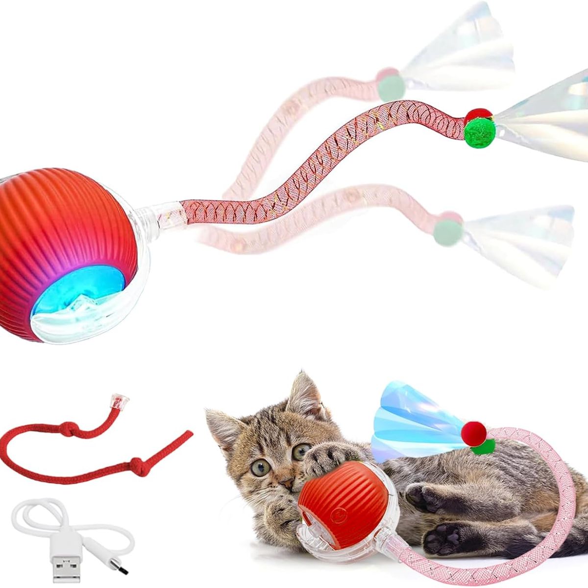 GENERICO - Pelota Interactiva para Gatos con 2 Sogas Juguete Recargable