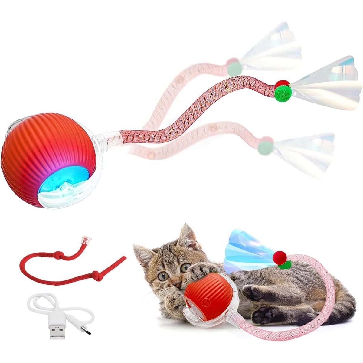 GENERICO - Pelota Interactiva para Gatos con 2 Sogas Juguete Recargable