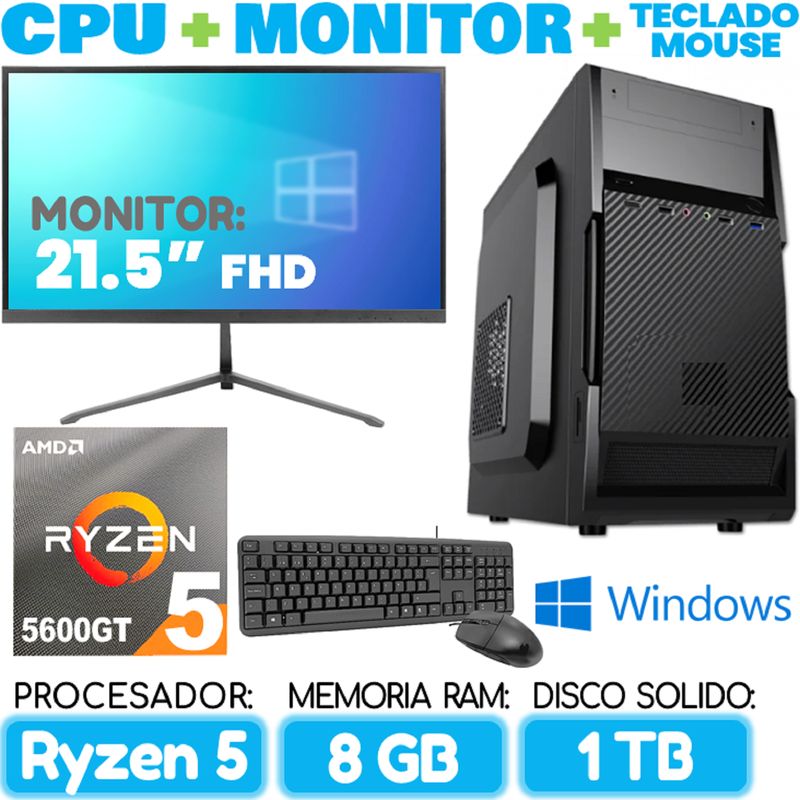 AMD - Computadora PC RYZEN 5 5600GT RAM 8Gb SSD 1TB Cpu Monitor Teclado mouse