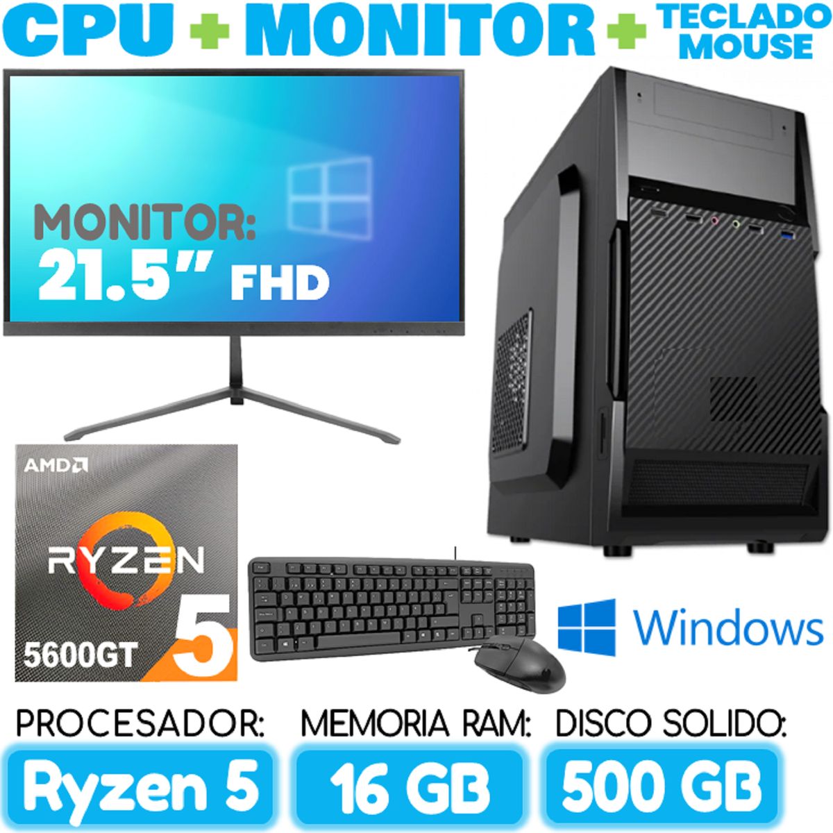 AMD - Computadora PC RYZEN 5 5600GT RAM 16Gb SSD 500Gb Cpu Monitor Teclado mouse