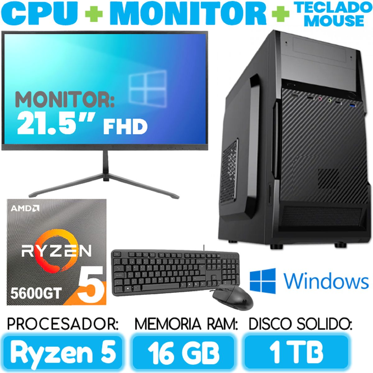 AMD - Computadora PC RYZEN 5 5600GT RAM 16Gb SSD 1TB Cpu Monitor Teclado mouse