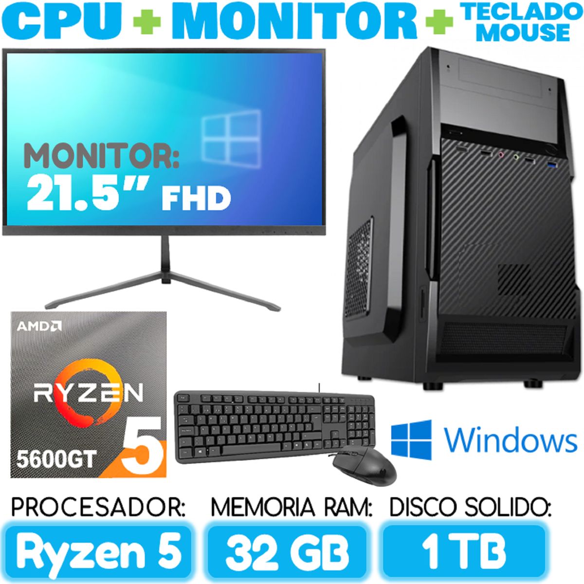 AMD - Computadora PC RYZEN 5 5600GT RAM 32Gb SSD 1TB Cpu Monitor Teclado mouse