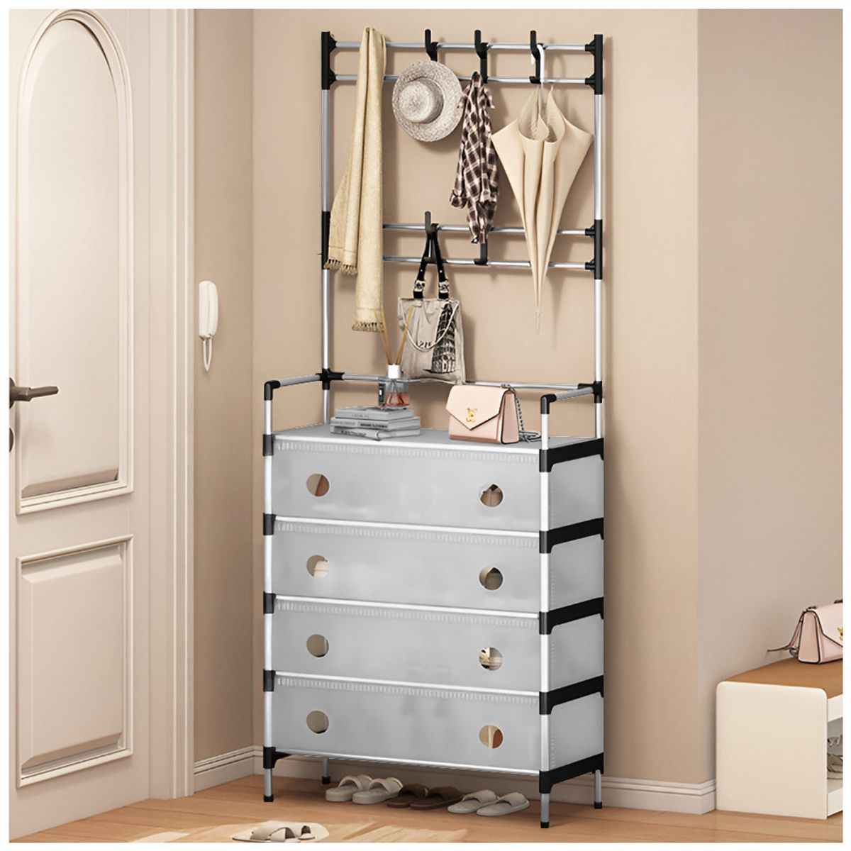 KELLER - Zapatera Perchero de 4 Niveles Multiusos Blanco P36