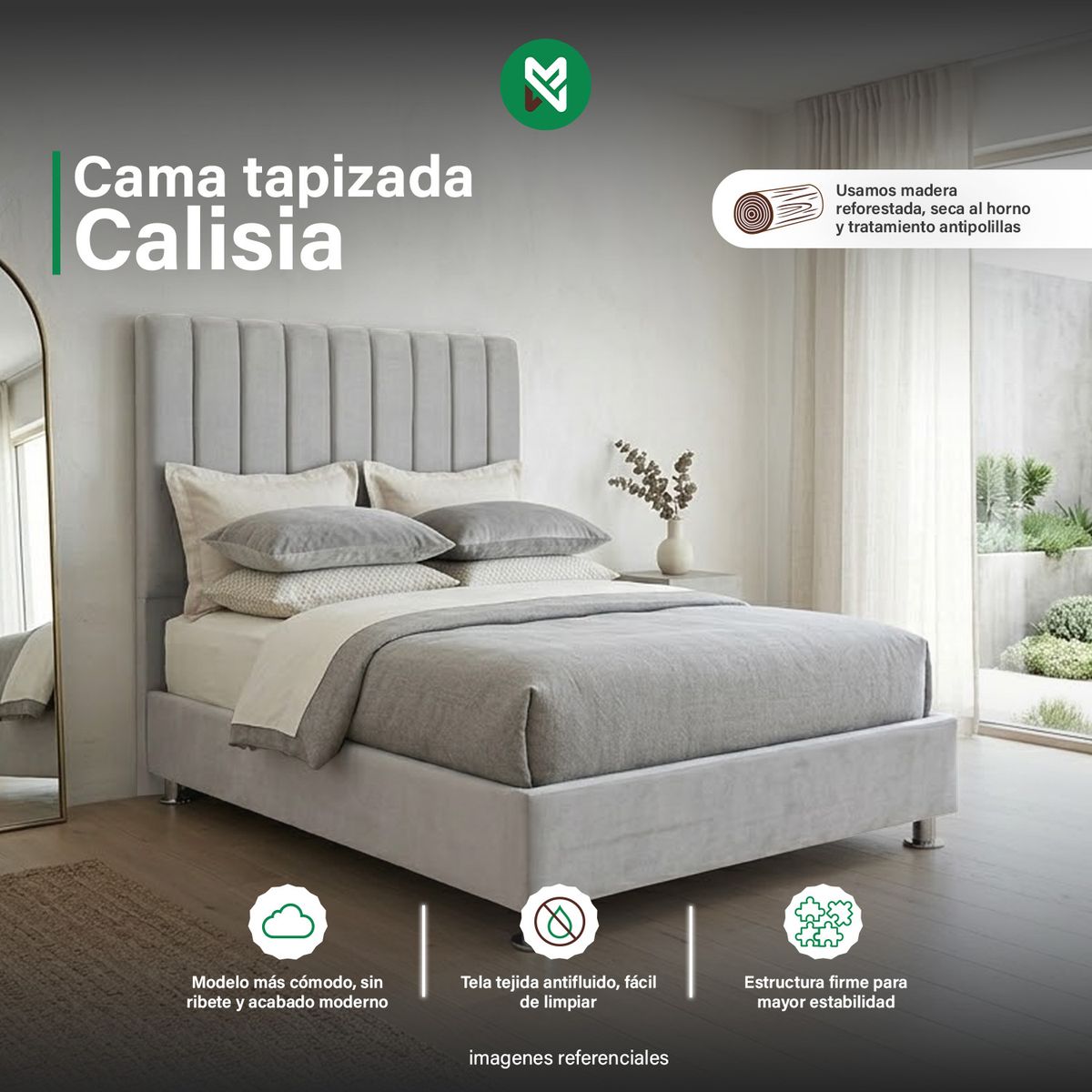 MUEBLES MACRUMO - Cama tapizada Calisia - Queen - Color Gris claro