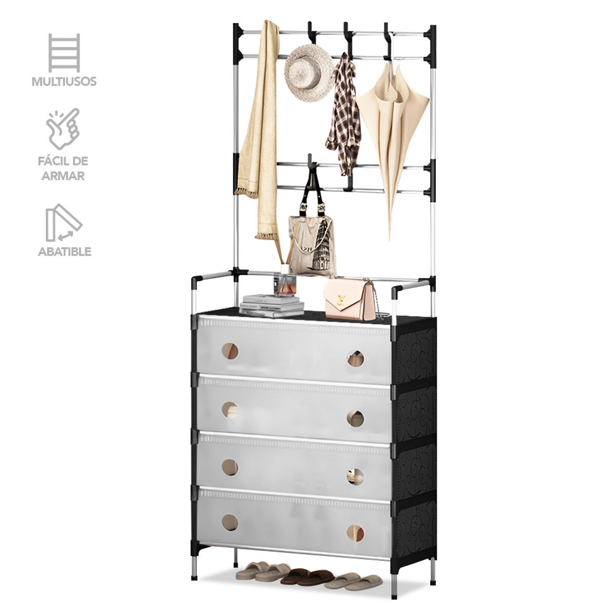 KELLER - Zapatera Perchero de 4 Niveles Multiusos Negro P36