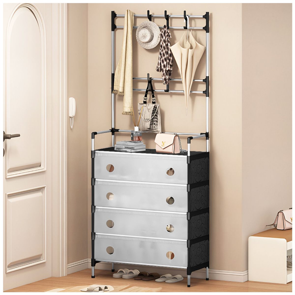 KELLER - Zapatera Perchero de 4 Niveles Multiusos Negro P36