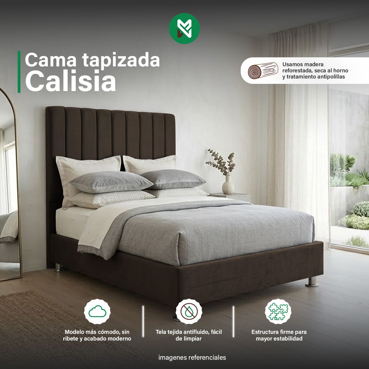 MUEBLES MACRUMO - Cama tapizada Calisia - Queen - Color Marrón