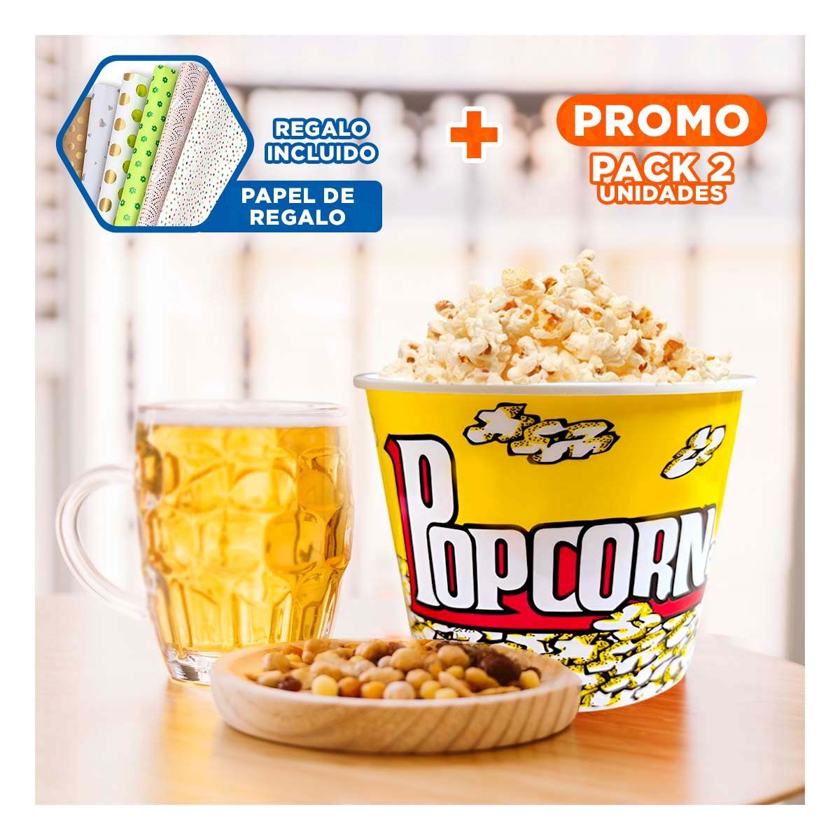 RYBIU IMPORT - Pack2 Cubeta LLamativo Popcorn Amarillo Y+Papel de Regalo