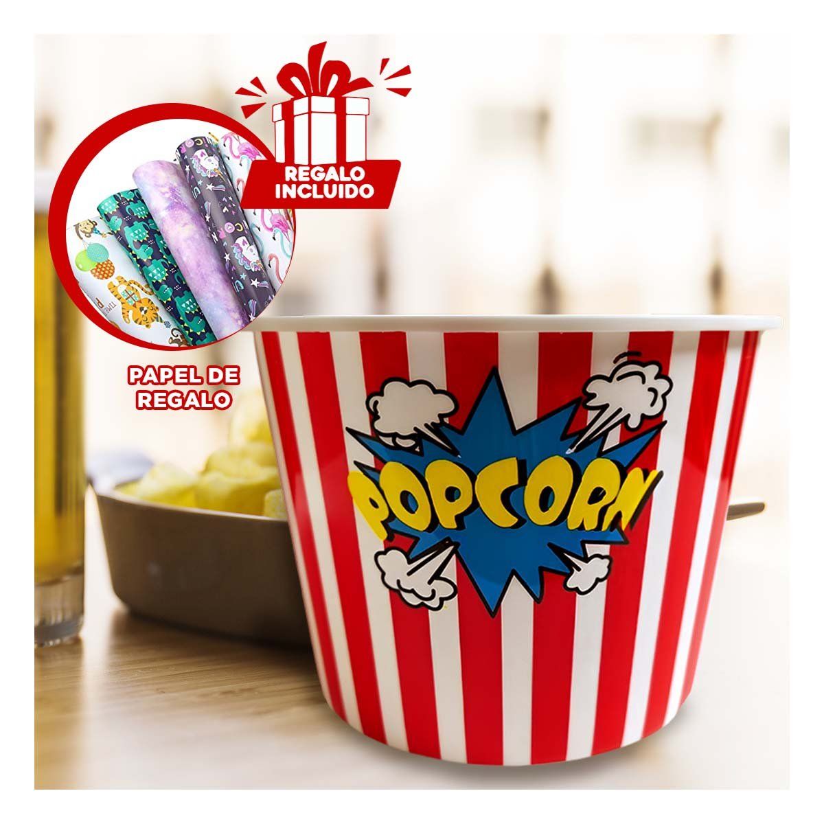 RYBIU IMPORT - Cubeta Ancha para Palomitas Rojo Y+Papel de Regalo