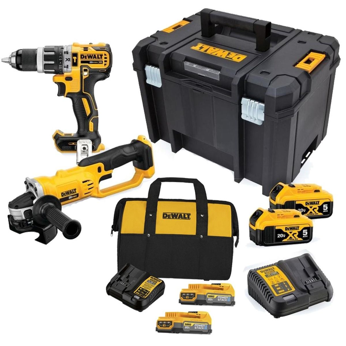 DEWALT - Taladro Perc 1/2" + Amoladora 4 1/2" 20V 2 Bat 5.0 Ah + Set de 2 Bat Powerstack y Bolso Dewalt