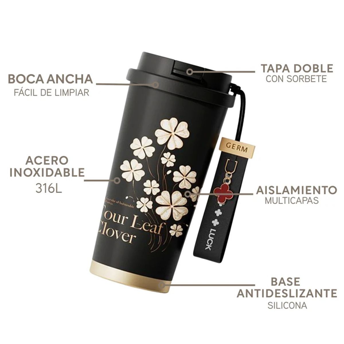 GERM - Vaso Térmico Germ Clover Negro Diseño Elegante 500 ml