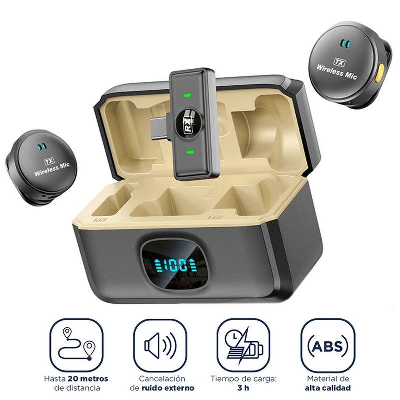 GENERICO - Micrófono Inalámbrico Usb-c con Cargador y ANC 40 Horas 2 TX + 1 RX