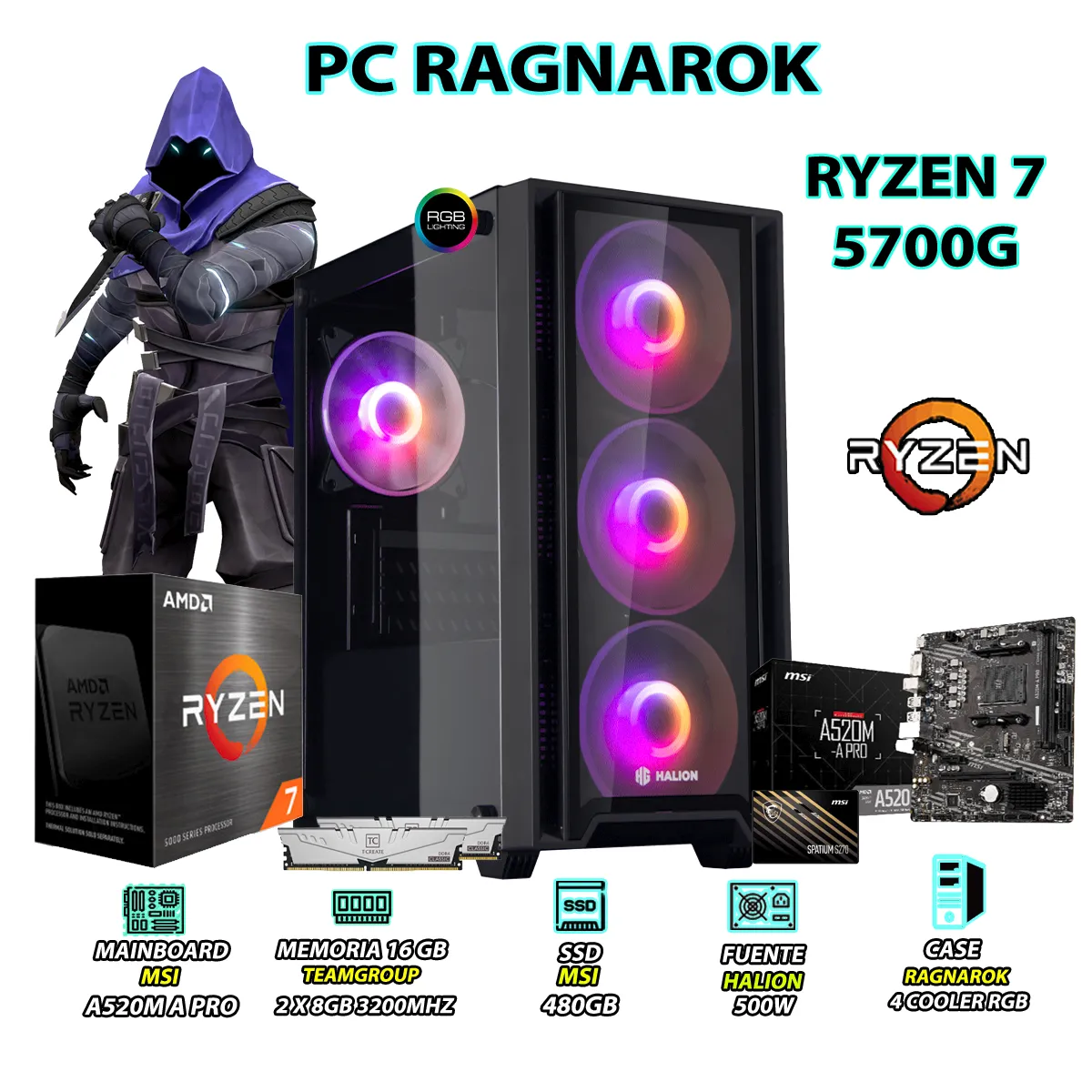 AMD - Computadora PC Ryzen 7 5700G RAM 16GB DISCO SSD 480GB CON GRAFICOS AMD RADEON