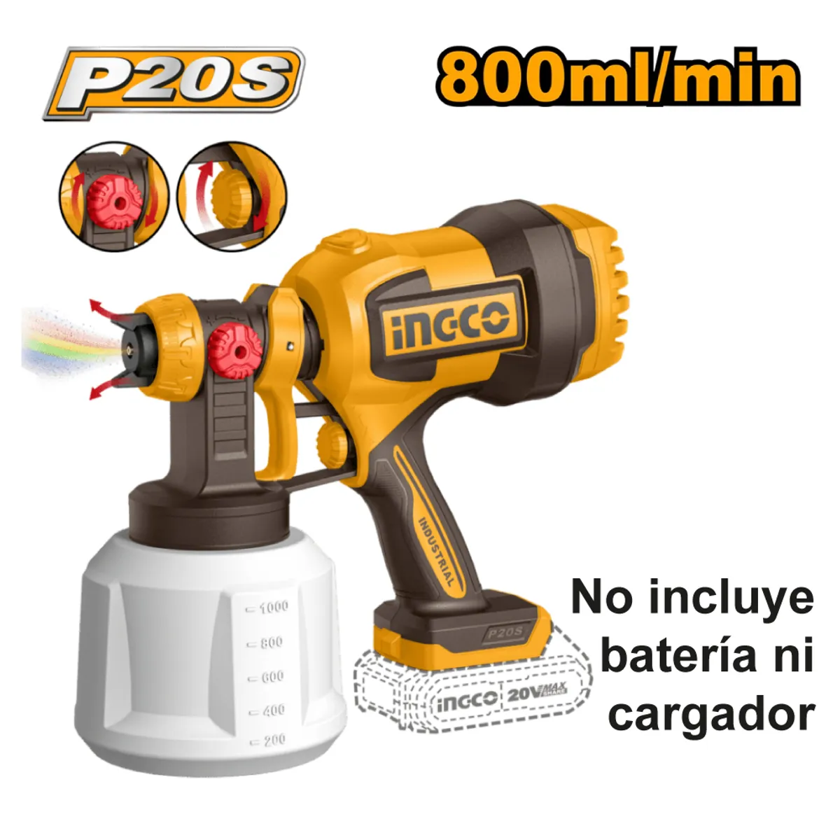 INGCO TOOLS - PISTOLA PARA PINTAR INGCO 20V 800MLMIN 120DIN-S CSGLI2004