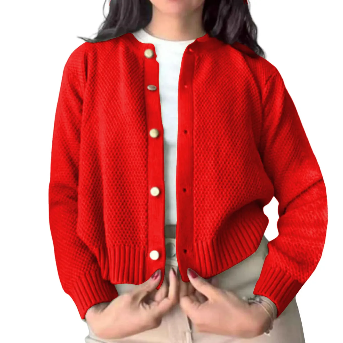 GENERICO - Chompa Mujer Hilo Botones Mlarga Melody 359G-24 Color Rojo