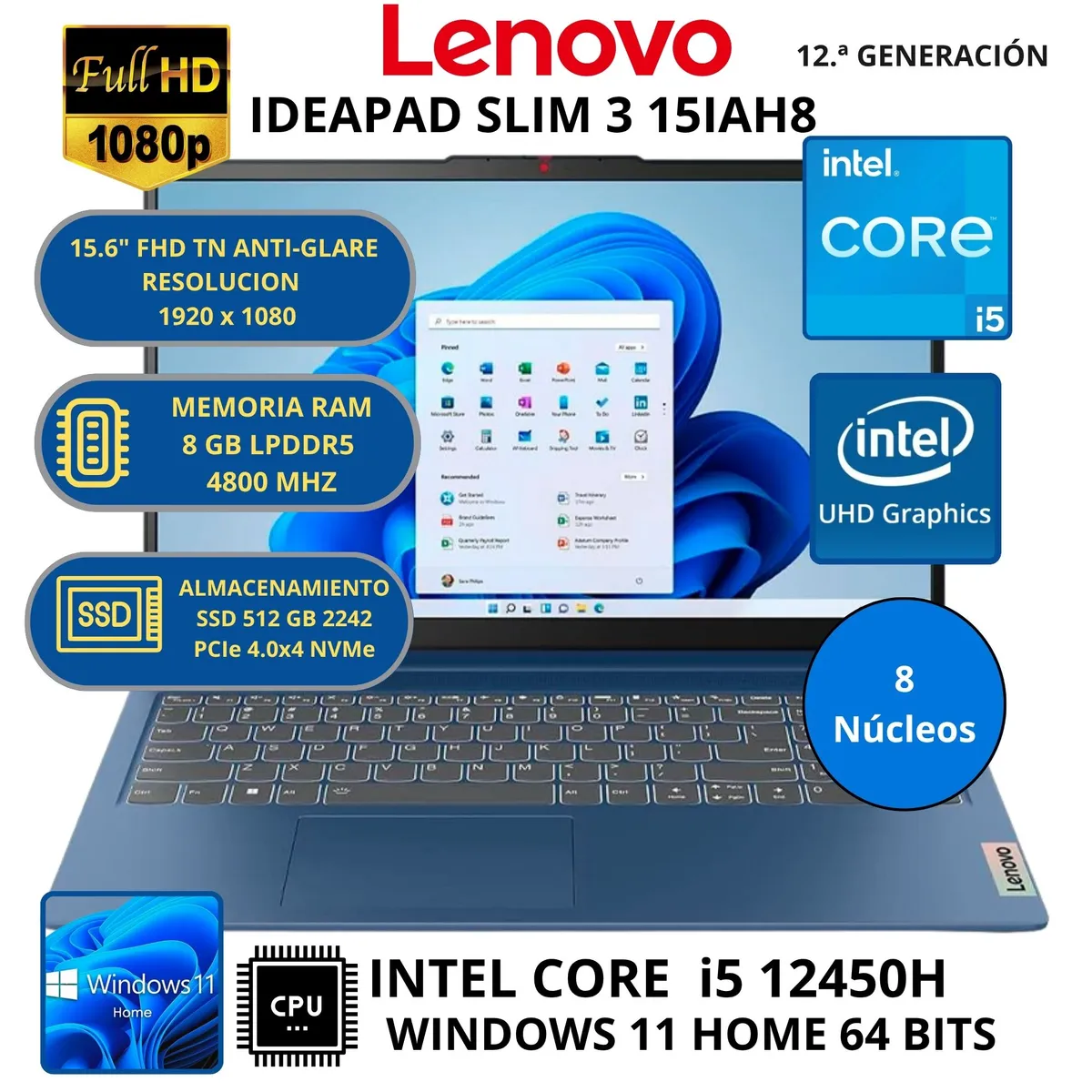 LENOVO - Laptop Lenovo IDEAPAD SLIM 3 15IAH8 INTEL CORE i5-RAM 8GB SSD 512GB WINDOWS 11 HOME