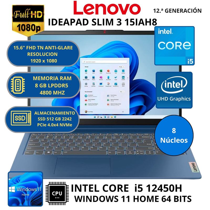 LENOVO - Laptop Lenovo IDEAPAD SLIM 3 15IAH8 INTEL CORE i5-RAM 8GB SSD 512GB WINDOWS 11 HOME