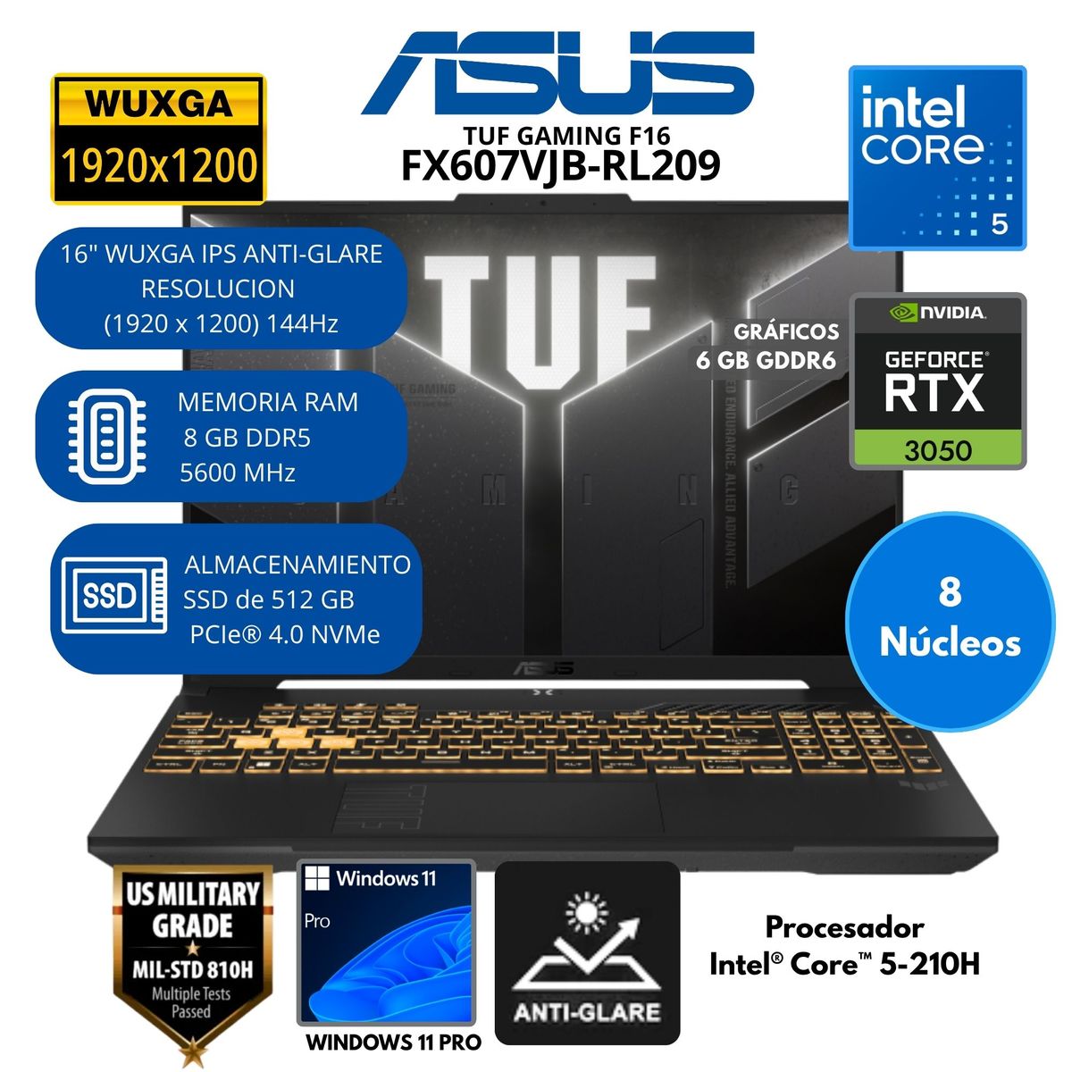 ASUS - Laptop Asus TUF F16 Intel Core 5 (FX607VJB-RL209) RAM 8 GB SSD 512 GB 16"WUXGA Windows 11 PRO